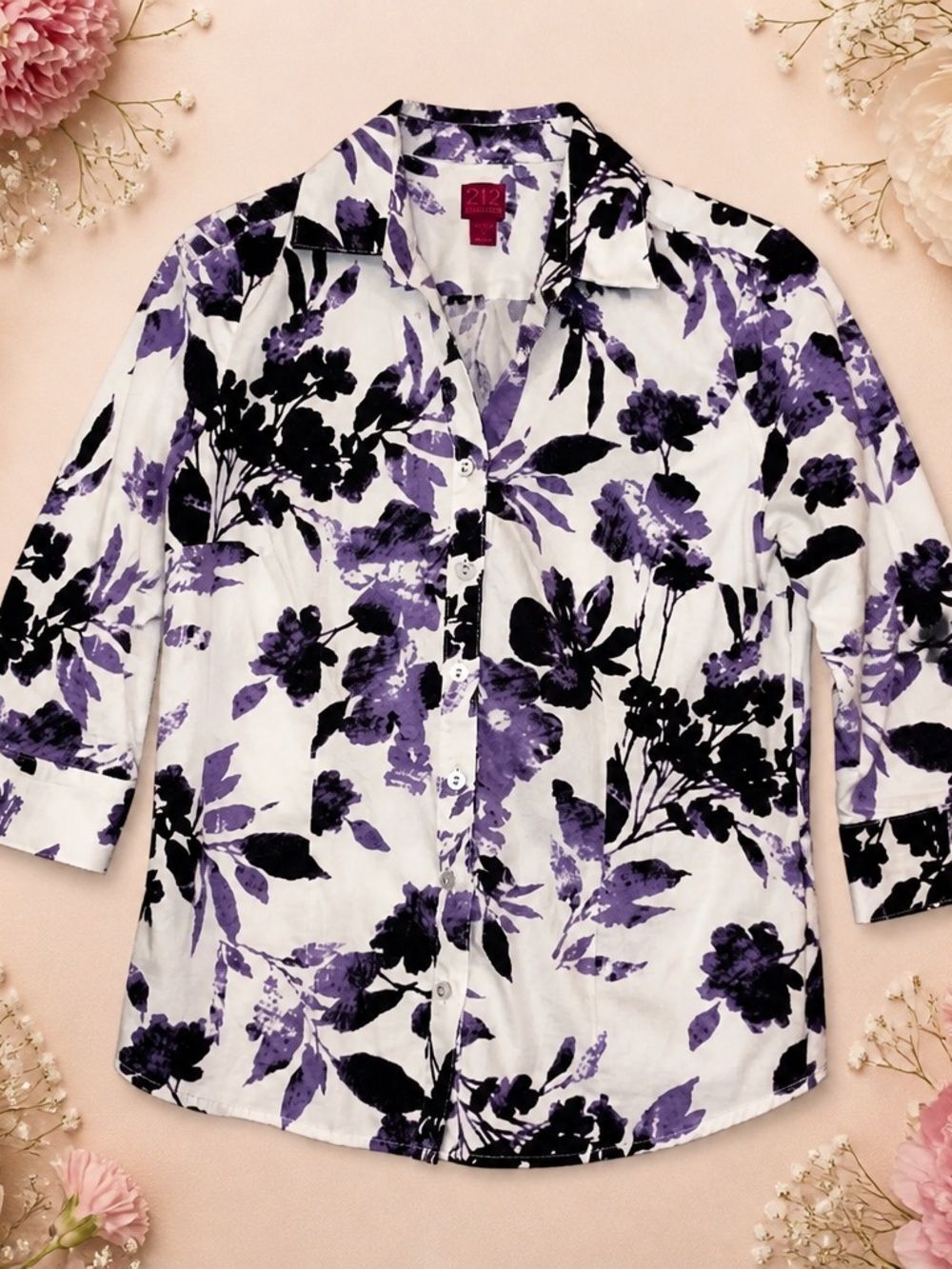 Women's Button-Down Shirt with Purple Black Floral Print XS 212 Collection